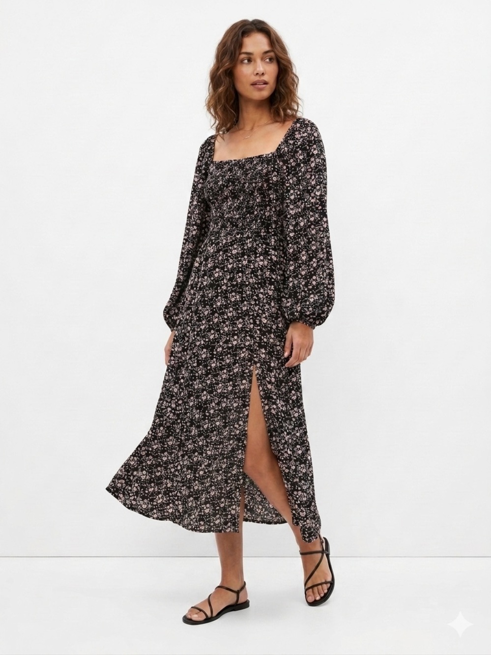 Sanctuary Black Midi Dress with Pink Floral Print